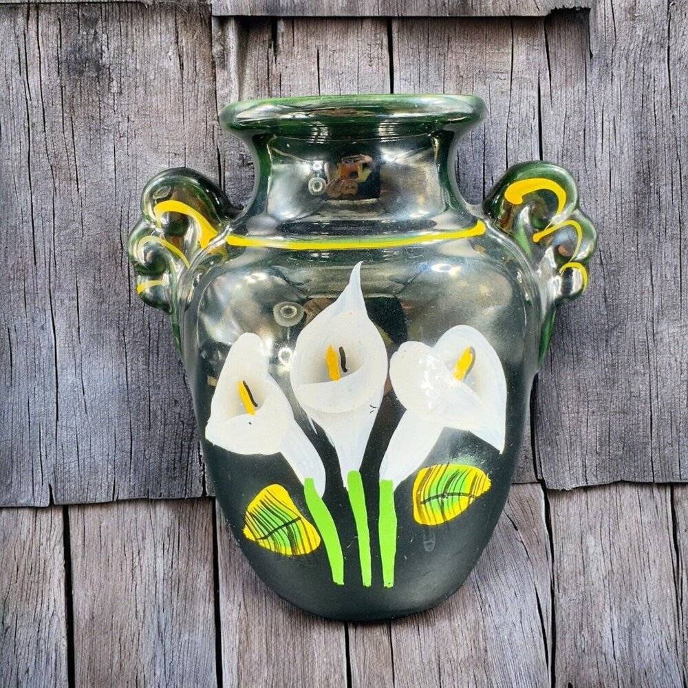 Vintage Folk Art Pottery Forest Green Vase Vessel With Call Lily‎ Vase W Handles